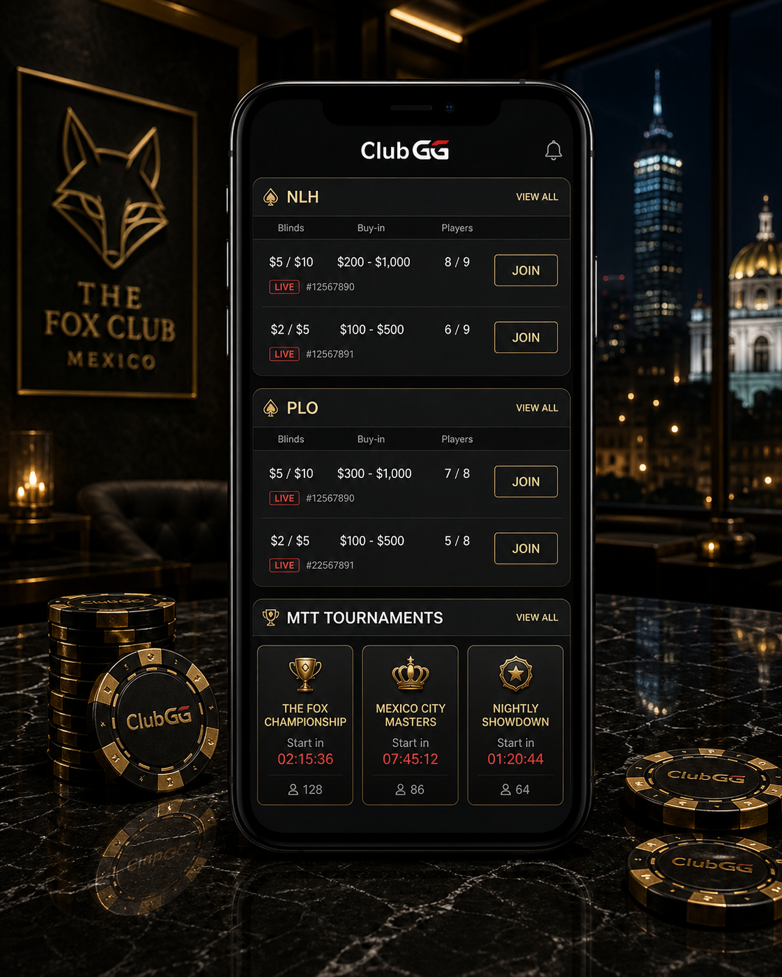 Lobby privado de The Fox Club con NLH, PLO y torneos MTT